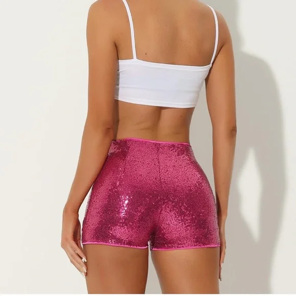 NWT Allegra K High Waist Pink Sequin Mini Shorts - Picture 2 of 10